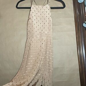 Elegant Gold Star-Patterned Tan Dress Strappy gorgeous back